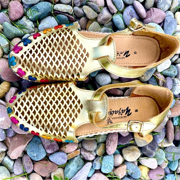 Shoes - Women’s Huarache Shoes/Sandals. Shimmering Gold with Colorful Leather Sides.